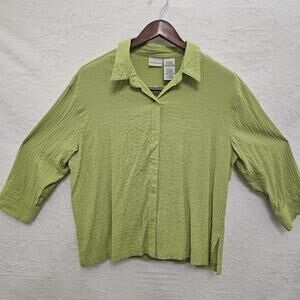VTG Womens White Stag 3/4 Sleeve Button-Up Top L Crinkle Lime Earthy Green 90s